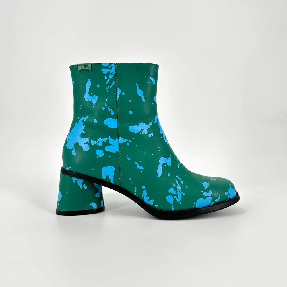 Camper Kiara Green Blue Paint Splatter Leather Ankle Boots Block Heel EU 38 US 8